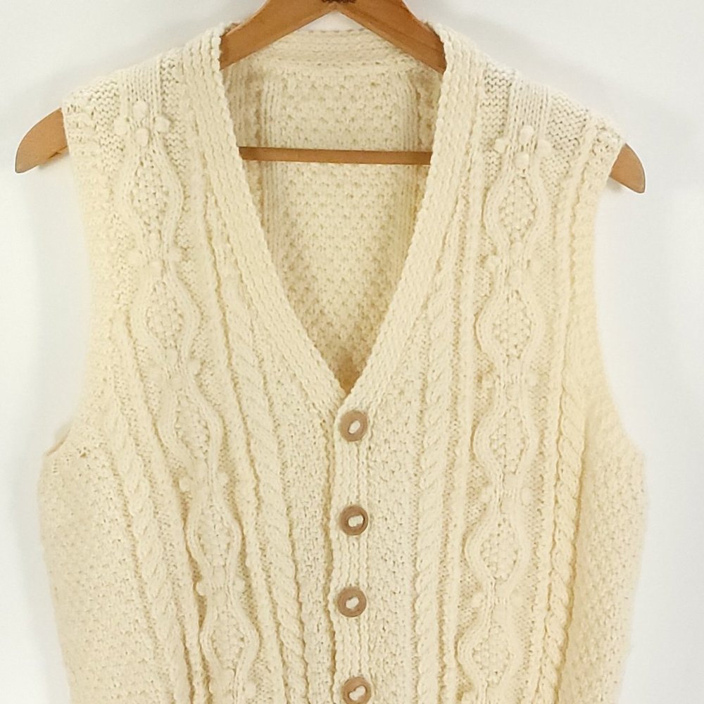 Vtg Hand Knitted Fisherman Cardigan Sweater Vest Women's M/L? Cream Grandmacore